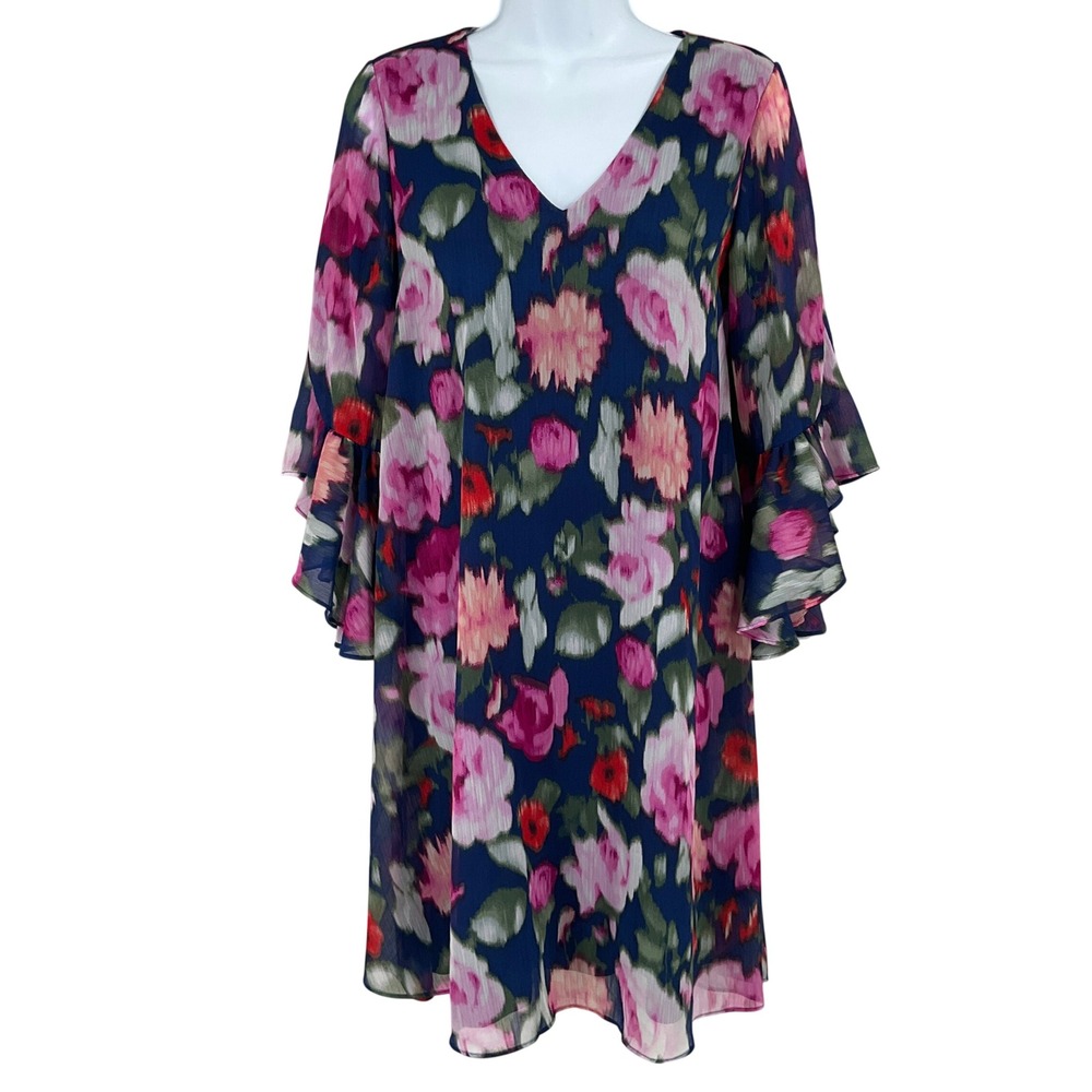 Calvin Klein Shift Dress 6 Navy Floral Tiered Bell Sleeve Flowy Wedding Guest